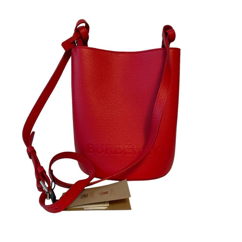 Burberry Lorne Red Pebbled Leather Bucket Crossbody Handbag Purse Bucket Bag‎ - Picture 2 of 16
